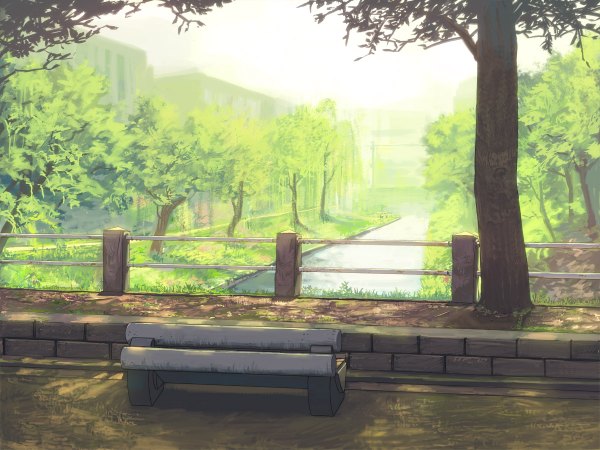 Anime picture 1200x900 with original suchfolder landscape river plant (plants) tree (trees) bench