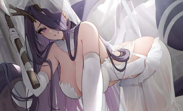 Anime picture 4000x2429 with azur lane golden hind (azur lane) golden hind (forlorn femme fatale) (azur lane) qing wu single looking at viewer fringe highres breasts light erotic black hair wide image large breasts purple eyes holding absurdres cleavage very long hair horn (horns) light smile