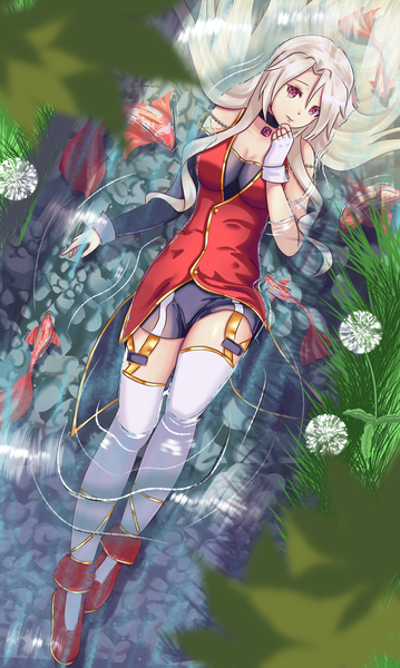 Anime picture 2451x4096 with original kristi palmer31 single long hair tall image looking at viewer fringe highres blonde hair hair between eyes red eyes bare shoulders full body lying sparkle shadow on back partially submerged symbol-shaped pupils girl