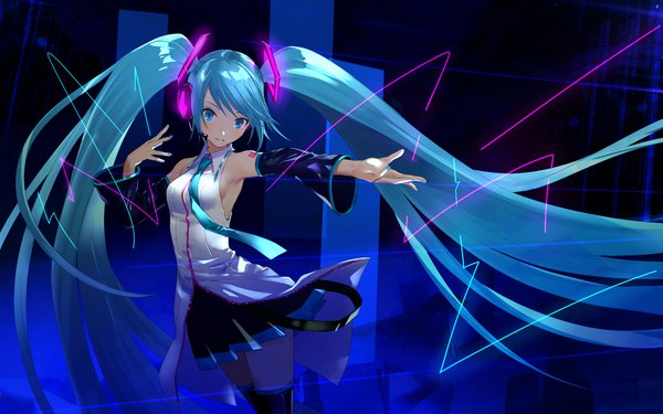 イラスト 1798x1125 と ボーカロイド 初音ミク うらたあさお ソロ 前髪 highres おっぱい very long hair nail polish pleated skirt aqua eyes aqua hair 絶対領域 横乳 outstretched arm 女の子 スカート 袖だけ ネクタイ headset