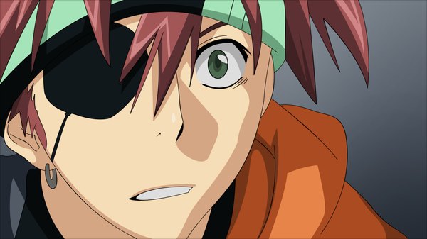 Anime picture 4200x2363 with d.gray-man lavi morrow highres simple background wide image green eyes absurdres red hair close-up face vector boy earrings eyepatch