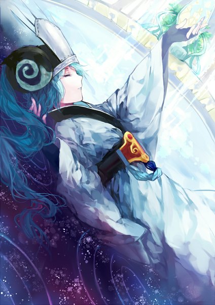 Anime picture 800x1131 with final fantasy square enix imi fumei single long hair tall image fringe lying eyes closed traditional clothes profile fingernails aqua hair wide sleeves on back girl water