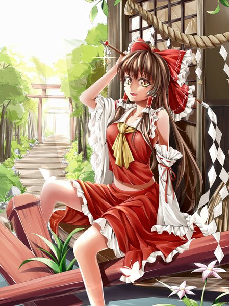 Anime picture 800x1069 with touhou hakurei reimu yunsang single long hair tall image open mouth brown hair yellow eyes girl skirt flower (flowers) bow plant (plants) hair bow detached sleeves skirt set torii