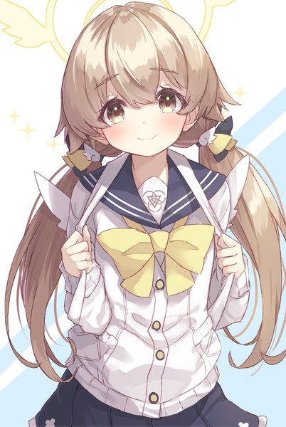 Anime picture 1070x1599 with blue archive hifumi (blue archive) miimu (nelreg3) single long hair tall image looking at viewer blush fringe blonde hair smile hair between eyes twintails yellow eyes low twintails girl uniform serafuku halo cardigan