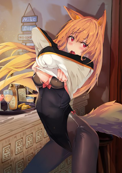 Anime picture 3720x5262 with arknights ceobe (arknights) auguste single long hair tall image looking at viewer blush fringe highres breasts light erotic hair between eyes red eyes standing holding animal ears absurdres indoors tail