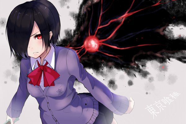 Anime picture 1000x666 with tokyo ghoul studio pierrot kirishima touka gomashi (goma) single looking at viewer blush fringe short hair breasts black hair red eyes from above glowing looking up girl skirt bow miniskirt shirt