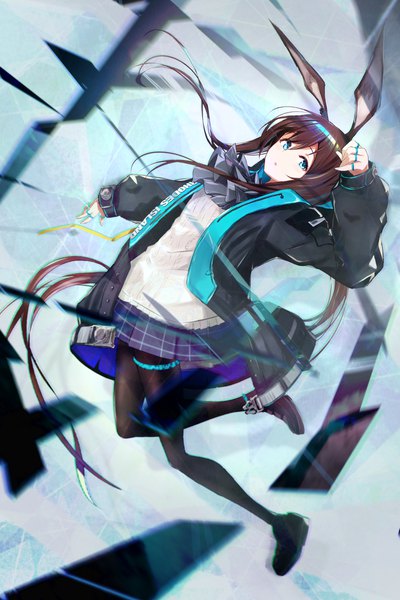 Anime picture 1600x2400 with arknights amiya (arknights) dice gt single tall image brown hair animal ears payot full body ponytail very long hair aqua eyes open jacket bunny ears bad anatomy girl pantyhose jacket black pantyhose ring
