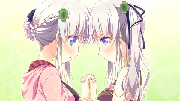 Anime picture 1280x720 with clover day's long hair blush blue eyes wide image twintails multiple girls game cg white hair profile girl ribbon (ribbons) 2 girls hair ribbon