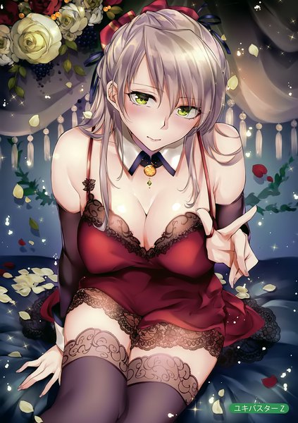 Anime picture 2465x3500 with melonbooks yukibuster single long hair tall image looking at viewer blush highres breasts light erotic large breasts sitting bare shoulders green eyes cleavage silver hair scan sparkle girl thighhighs