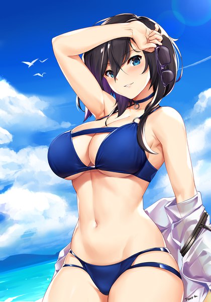 Anime picture 840x1200 with azur lane ark royal (azur lane) ark royal (coastwatcher) (azur lane) tony guisado single long hair tall image looking at viewer blush fringe breasts blue eyes light erotic black hair smile hair between eyes large breasts standing holding signed