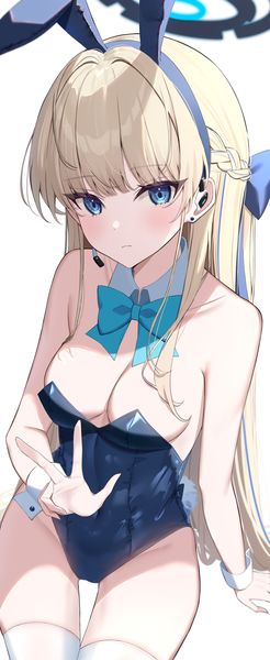 Anime picture 1492x3636 with blue archive toki (blue archive) toki (bunny) (blue archive) yuteke key single long hair tall image looking at viewer blush fringe breasts blue eyes light erotic simple background blonde hair white background sitting bare shoulders animal ears blunt bangs