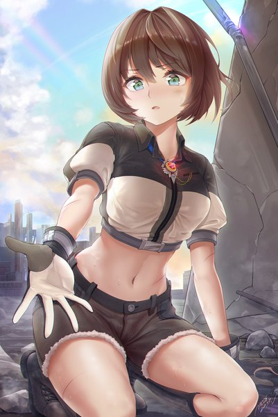 Anime picture 1283x1920 with original mcg6 single tall image looking at viewer blush fringe short hair breasts open mouth hair between eyes brown hair sky cloud (clouds) outdoors aqua eyes bare belly short sleeves sweat puffy sleeves