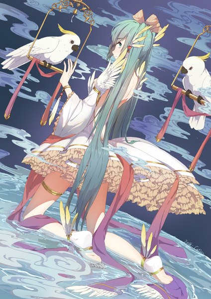 Anime picture 1500x2122 with vocaloid hatsune miku catin single tall image looking at viewer twintails sky very long hair profile aqua eyes aqua hair wide sleeves kneeling bare back girl hair ornament bow ribbon (ribbons) hair bow