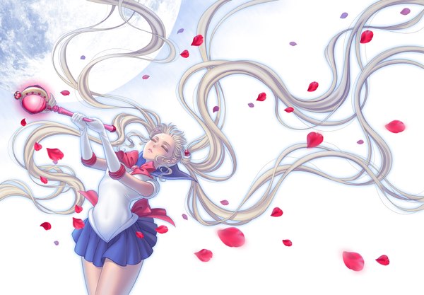 Anime picture 1716x1193 with bishoujo senshi sailor moon toei animation tsukino usagi sailor moon eclosion single highres blonde hair twintails eyes closed very long hair wavy hair girl gloves hair ornament petals elbow gloves moon sailor suit