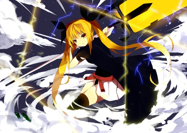 Anime picture 1500x1066 with mahou shoujo lyrical nanoha fate testarossa senya fuurin single long hair blonde hair twintails yellow eyes lightning girl thighhighs dress bow weapon black thighhighs hair bow sword