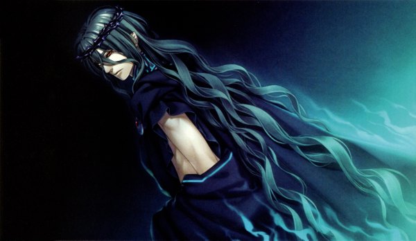 Anime picture 4889x2841 with kamigami no asobi brains base (studio) hades aidoneus yone kazuki single looking at viewer fringe highres red eyes wide image standing absurdres very long hair lips pointy ears aqua hair dark background wavy hair boy wreath