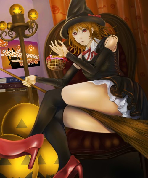 Anime picture 1000x1200 with original setu (pixiv) tall image looking at viewer short hair light erotic red eyes sitting red hair halloween witch girl thighhighs dress black thighhighs detached sleeves book (books) short dress witch hat broom