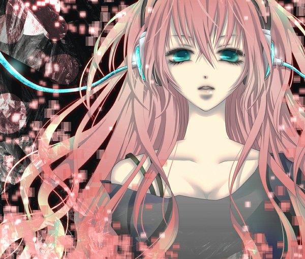 Anime picture 1000x850 with vocaloid megurine luka aonoe single long hair fringe open mouth blue eyes bare shoulders pink hair girl headphones wire (wires)