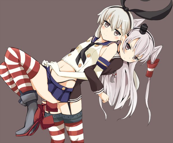 Anime picture 1720x1422 with kantai collection shimakaze destroyer amatsukaze destroyer basira long hair looking at viewer blush highres simple background blonde hair multiple girls silver hair grey background two side up zettai ryouiki back to back locked arms girl thighhighs dress