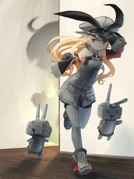 Anime picture 1342x1786 with kantai collection shimakaze destroyer rensouhou-chan sdmaiden long hair tall image blonde hair long sleeves grey eyes cosplay running > < bismarck battleship (cosplay) girl uniform ribbon (ribbons) hair ribbon detached sleeves thigh boots military uniform