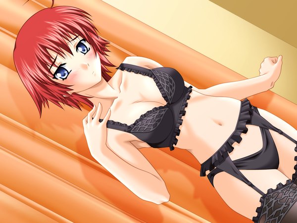 Anime picture 1200x900 with x-change (game) blue eyes light erotic game cg red hair underwear only girl underwear panties