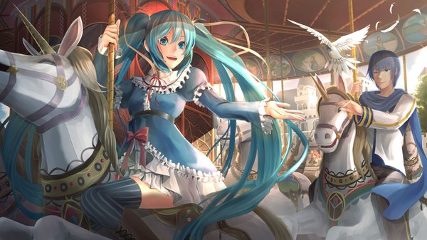Anime picture 1600x900 with vocaloid hatsune miku kaito (vocaloid) rayxray short hair open mouth blue eyes wide image twintails blue hair very long hair one eye closed aqua eyes wink aqua hair girl dress boy ribbon (ribbons) animal