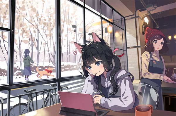 Anime picture 1013x670 with original bf. (sogogiching) long hair short hair blue eyes black hair brown hair standing sitting twintails multiple girls brown eyes animal ears indoors cat ears winter strap slip head rest girl plant (plants)