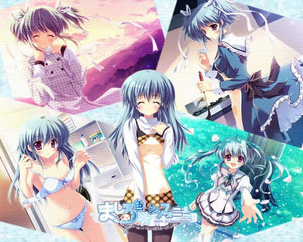 Anime picture 1280x1024 with mashiroiro symphony uryuu sakuno izumi tsubasu long hair looking at viewer blush short hair open mouth light erotic smile red eyes twintails sky eyes closed looking back wind aqua hair official art evening short twintails