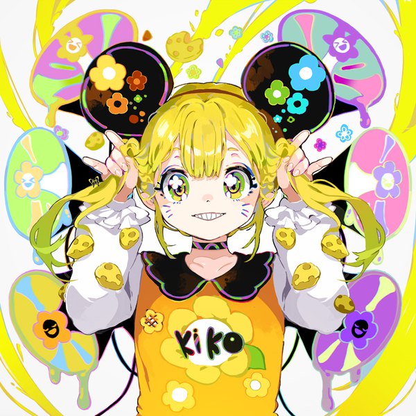 Anime picture 816x815 with original pla4neta single long hair looking at viewer fringe blonde hair smile twintails green eyes animal ears upper body grin holding hair mouse ears girl choker megaphone