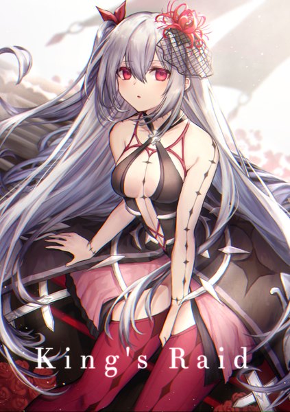 Anime picture 1000x1417 with king's raid jane (king's raid) coyucom single tall image looking at viewer blush fringe breasts open mouth hair between eyes red eyes sitting bare shoulders payot cleavage silver hair very long hair parted lips inscription