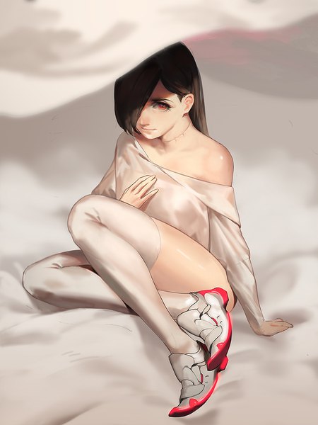 Anime-Bild 800x1067 mit original geolim single long hair tall image looking at viewer fringe light erotic red eyes brown hair sitting bare shoulders full body light smile hair over one eye off shoulder arm support hand on chest girl thighhighs