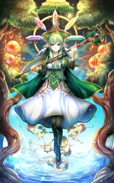 Anime picture 1500x2400 with original karo karo single long hair tall image looking at viewer green eyes green hair girl dress plant (plants) tree (trees) staff crystal gears