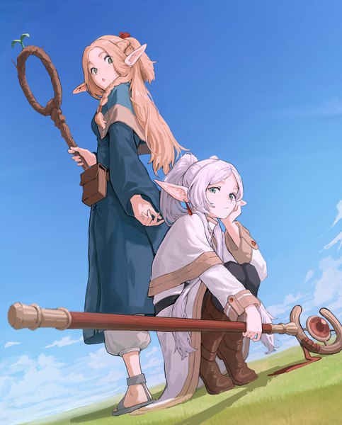 Anime-Bild 3626x4503 mit sousou no frieren dungeon meshi studio trigger frieren marcille donato cho gum long hair tall image looking at viewer highres blonde hair standing twintails multiple girls green eyes absurdres sky silver hair full body outdoors