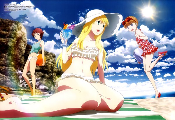 Anime picture 5925x4076 with aldnoah.zero a-1 pictures asseylum vers allusia eddelrittuo rayet areash satou michio long hair highres short hair open mouth blue eyes blonde hair sitting multiple girls absurdres sky cloud (clouds) red hair official art beach