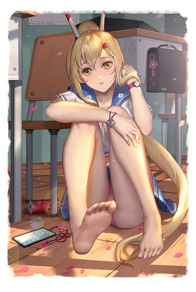 Anime picture 1500x2224 with azur lane ayanami (azur lane) itoucon single long hair tall image looking at viewer blush fringe breasts light erotic blonde hair hair between eyes sitting yellow eyes payot cleavage full body ponytail indoors