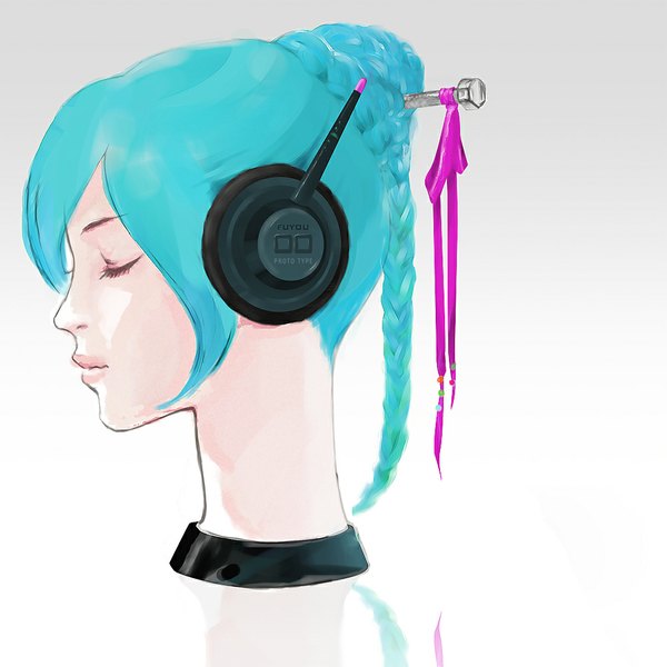 Anime picture 1000x1000 with gintama sunrise (studio) tama (gintama) single long hair simple background blue hair braid (braids) eyes closed profile lips girl headphones