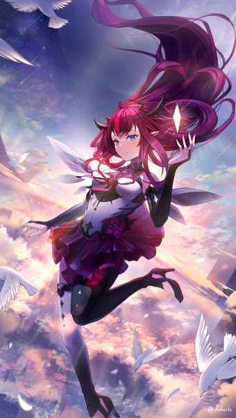 Anime-Bild 2480x4372 mit virtual youtuber hololive hololive english irys (hololive) dvdarts single tall image highres looking away sky cloud (clouds) full body ahoge outdoors red hair very long hair horn (horns) pointy ears high heels heterochromia