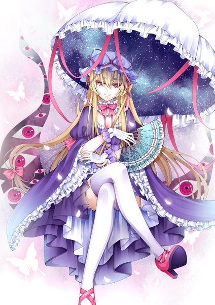 Anime picture 1000x1414 with touhou yakumo yukari stari single long hair tall image blonde hair red eyes sitting eyes starry sky print space print double exposure girl thighhighs dress gloves bow hair bow petals