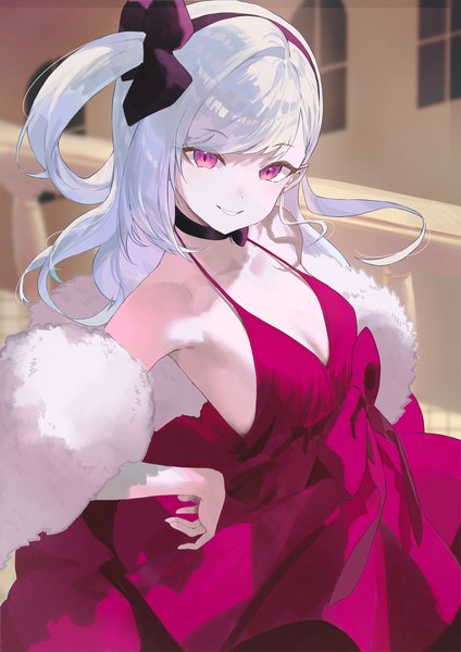 Anime picture 1240x1754 with blue archive mutsuki (blue archive) mutsuki (dress) (blue archive) salmon88 single long hair tall image looking at viewer fringe light erotic smile standing bare shoulders silver hair blunt bangs parted lips pink eyes one side up official alternate costume strap gap