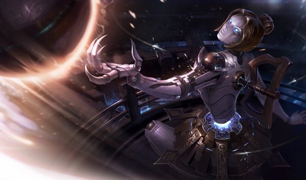 Anime picture 1215x717 with league of legends orianna (league of legends) single short hair blonde hair wide image looking away official art glowing glowing eye (eyes) girl dress weapon ball robot key gears