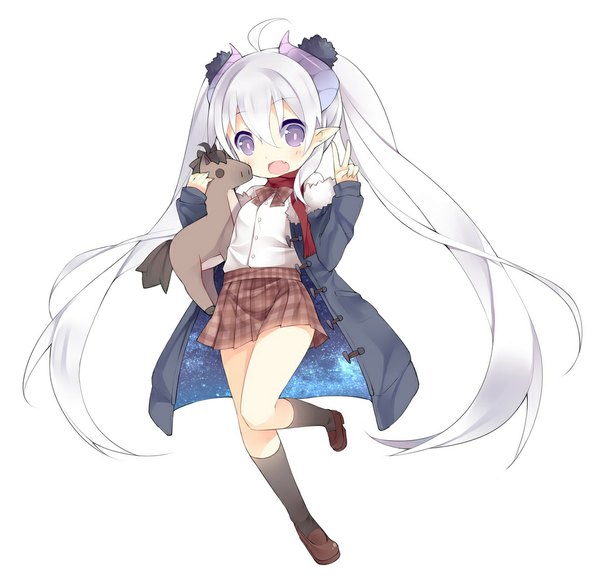 Anime picture 1030x1000 with original rulu saru (longbb) single looking at viewer blush open mouth simple background white background purple eyes twintails ahoge white hair very long hair horn (horns) loli fang (fangs) plaid skirt victory starry sky print