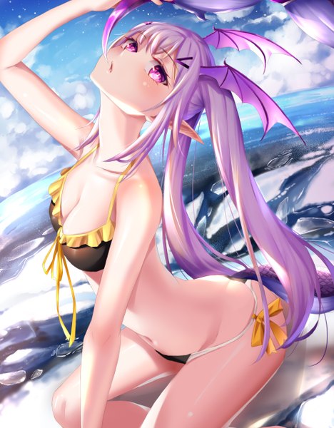 Anime picture 2000x2560 with arknights manticore (arknights) amaroku neko single long hair tall image looking at viewer blush fringe highres breasts open mouth light erotic sitting purple eyes twintails payot sky purple hair cloud (clouds)