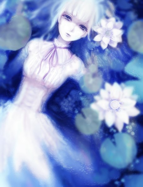 Anime picture 900x1172 with original nose nanase single long hair tall image looking at viewer white hair lying parted lips from above on back grey eyes partially submerged white skin girl dress flower (flowers) water white dress water lily
