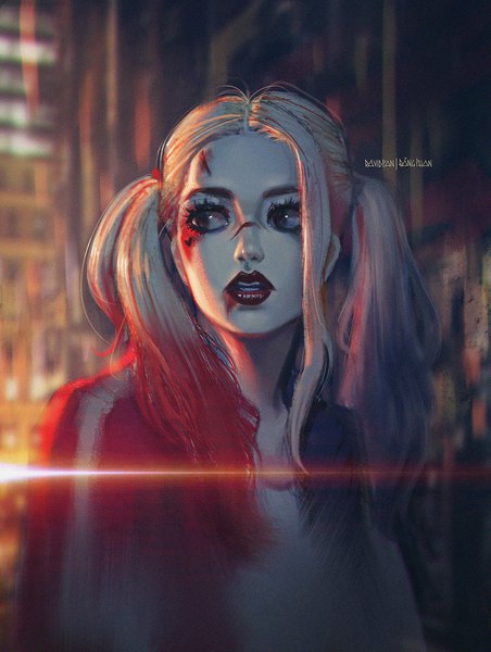 Anime picture 1600x2123 with batman suicide squad dc comics harley queen david pan single long hair tall image open mouth blonde hair twintails brown eyes signed looking away upper body multicolored hair open jacket shadow lipstick portrait