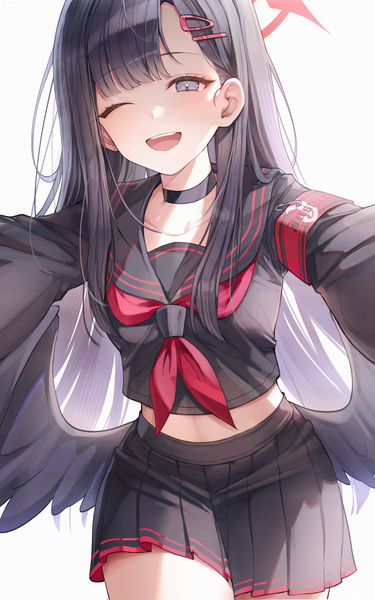 Anime-Bild 2500x4000 mit blue archive ichika (blue archive) misyune single long hair tall image looking at viewer fringe highres open mouth black hair simple background white background blunt bangs pleated skirt one eye closed wink teeth midriff grey eyes