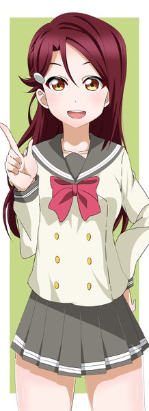 Anime picture 1141x3127 with love live! sunshine!! sunrise (studio) love live! sakurauchi riko tarokichi single long hair tall image looking at viewer blush fringe open mouth simple background smile hair between eyes standing yellow eyes red hair pleated skirt hand on hip