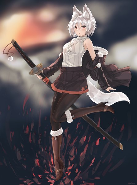 Anime picture 1637x2207 with touhou inubashiri momiji ehrrr single tall image looking at viewer fringe short hair hair between eyes red eyes standing holding signed animal ears full body bent knee (knees) white hair tail animal tail pleated skirt