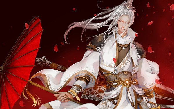 Anime picture 1280x800 with tagme (artist) single long hair simple background wide image silver hair traditional clothes wind realistic silver eyes boy hair ornament weapon petals sword umbrella huge weapon huge sword