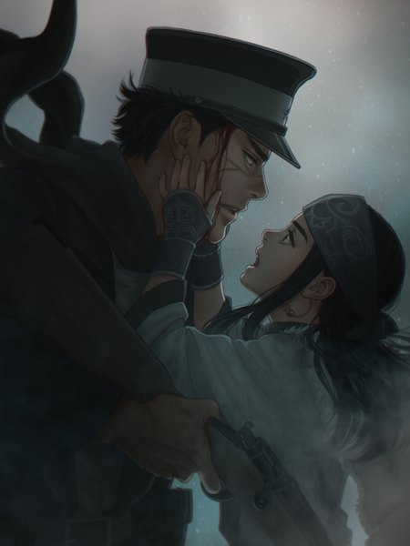 Anime-Bild 2010x2682 mit golden kamuy asirpa sugimoto saichi mprichin long hair tall image highres short hair open mouth black hair traditional clothes profile scar eye contact blood on face ainu clothes girl boy weapon earrings