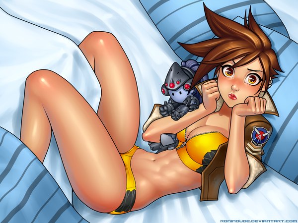 Anime picture 4000x3000 with overwatch blizzard entertainment widowmaker (overwatch) tracer (overwatch) ronin dude (ray cornwell) single looking at viewer blush highres short hair breasts light erotic brown hair brown eyes absurdres lips open clothes open jacket lipstick red lipstick